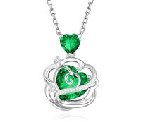 FANCIME Emerald Necklace May Birthstone Sterling Silver Rose Flower Pendant Necklace Green Heart Gemstone Fine Jewellery Birthday Christmas Gifts for Women Mom