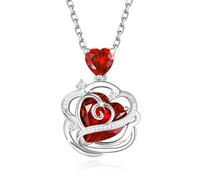 FANCIME Garnet Necklace January Birthstone Sterling Silver Rose Flower Pendant Necklace Red Heart Gemstone Fine Jewellery Birthday Christmas Gifts for Her Women Mom