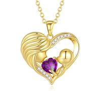FANCIME Gold Mum Birthstone Necklace Amethyst Mother and Child Love Heart Necklace I Love You Mum Gifts Mother's Day Gifts February Jewellery Gifts for Grandmother Mum Wife, 16"+2" Inches