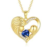 FANCIME Gold Mum Birthstone Necklace Blue Sapphire Mother and Child Love Heart Necklace I Love You Mum Gifts Mother's Day Gifts September Jewellery Gifts for Grandmother Mum Wife, 16"+2" Inches