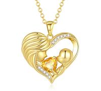 FANCIME Gold Mum Birthstone Necklace Citrine Mother and Child Love Heart Necklace I Love You Mum Gifts Mother's Day Gifts November Jewellery Gifts for Grandmother Mum Wife, 16"+2" Inches