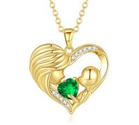 FANCIME Gold Mum Birthstone Necklace Emerald Mother and Child Love Heart Necklace I Love You Mum Gifts Mother's Day Gifts May Jewellery Gifts for Grandmother Mum Wife, 16"+2" Inches
