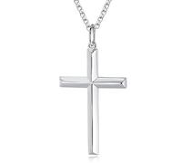 FANCIME Men Cross Necklace with White Gold Plated 925 Solid Sterling Silver Polished Big Beveled Edge Crucifix Pendant Fine Jewellery Gift for Men Boys, Chain Length 60cm
