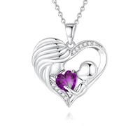 FANCIME Mum Birthstone Necklace Amethyst Mother and Child Love Heart Necklace I Love You Mum Gifts Mother's Day Gifts February Jewellery Gifts for Grandmother Mum Wife, 16"+2" Inches
