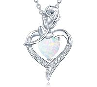 FANCIME Rose Pendant Necklace Women with Heart White Simulated Opal