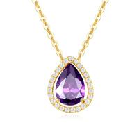 FANCIME Solid 14 Carat Yellow Gold Amethyst Pendant Necklace, Small Teardrop Shape Amethyst Pendant Necklace with Moissanite, Fine Jewellery Gift for Women Girl Her, 16" + 2" Extender