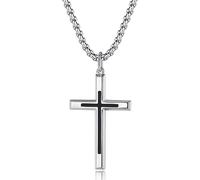 FANCIME Sterling Silver Black Cross Pendant Necklace for Men Boys | Fine Jewellery Gift for Christmas Birthday, White Gold Plated, Stainless Steel Box Chain 24 Inch