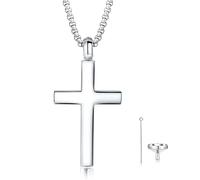 FANCIME Sterling Silver Cremation Cross Urn Pendant Necklace for Men | Jewellery For Ashes, White Gold Plated, Stainless Steel Box Chain 24 Inch
