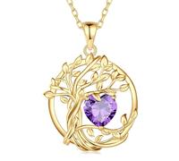 FANCIME Tree of Life Amethyst Necklace for Women 925 Sterling Silver Yellow Gold Plated Tree Pendant Necklace Jewellery Anniversary Birthday Christmas Gifts for Mum Wife Girls Her
