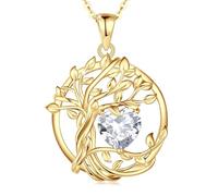 FANCIME Tree of Life April Birthstone Necklace for Women Sterling Silver Yellow Gold Plated Simulated Diamond Pendant Cubic Zirconia CZ Mothers Day Birthday Gifts for Wife Mom Her