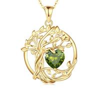 FANCIME Tree of Life August Birthstone Necklace for Women Sterling Silver Yellow Gold Plated Tree Jewellery Peridot Pendant Green Gemstone Mothers Day Birthday Gifts for Wife Mom Her