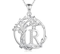 FANCIME Tree of life Initial Necklace for Women, Sterling Silver Tree Jewellery Simulated Diamond Capital Letter R Pendant Personalized Birthday Mothers Day Gifts for Mom Wife Her