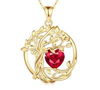 FANCIME Tree of Life July Birthstone Necklace for Women Sterling Silver Yellow Gold Plated Tree Jewellery Ruby Pendant Red Gemstone Anniversary Mothers Day Birthday Gifts for Wife Mom Her