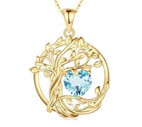 FANCIME Tree of Life March Birthstone Necklace for Women Sterling Silver Yellow Gold Plated Jewellery Aquamarine Pendant Blue Gemstone Mothers Day Birthday Gifts for Wife Mom Her