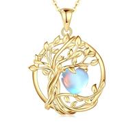 FANCIME Tree of Life Moonstone Necklace Sterling Silver Yellow Gold Plated June Birthstone Pendant Rainbow Gemstone Mothers Day Birthday Gifts for Women Wife Mom Her