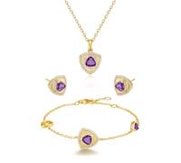FANCIME Trinity Amethyst Necklace Bracelet Stud Earrings Feburary Birthstone 925 Sterling Silver Yellow Gold Plated Triangle Pendant Purple Gemstone Mothers Day Fine Jewellery Gifts for Women Mom Her