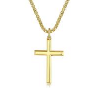 FANCIME Yellow Gold Plated 925 Solid Sterling Silver High Polished Plain Mens Crucifix Pendant Fine Jewellery for Mens Boys, with Stainless Steel Box Chain Necklace Length 24 Inch