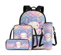 FANCOSAN Cartoon Axolotl Backpack for Kids 5-7 Purple Sacles Girls Book Bag and Lunch Box Set 4 Piece Large Capacity Kids School Bags Set for Preschool Kindergarten Casual Travel Backpacks
