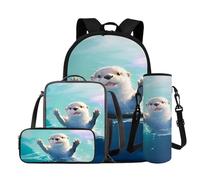 FANCOSAN Cute Otter Backpack for Girls 8-10 Blue School Bookbag with Lunch Box 4 Piece Lightweight School Backpack for Kindergarten School Casual Travel Daypack Rucksack