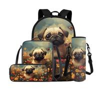 FANCOSAN Cute Pug Dog Backpack for Girls 4-6 Lightweight Kids Backpack with Lunch Box Set Large Capacity Kids School Bag for Kindergarten 4 Piece Casual Travel Daypack Book Bags