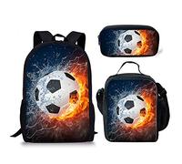 FANCOSAN Fire Water Soccer Boys Backpack 6-8 School Bookbag for Boys with Lunch Box and Pencil Case 3 Piece Set Lightweight Kids School Bag Casual Daypack Rucksack for Travel