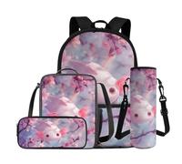 FANCOSAN Pink Axolotl School Backpack for Girls 8-10 Large Capacity Girl Backpack with Lunch Box 4 Piece Flowers Kids Book Bags Set for Elementary Primary Lightweight Travel Daypack Rucksack