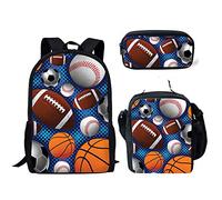 FANCOSAN Sport Football Baseball Basketball Designs Backpack for Mens,Teen Boys Junior School Bag+Lunchbox+Pen Case