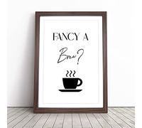 Fancy A Brew Typography Framed Wall Art Print A4 Walnut