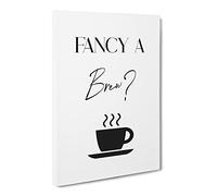 Fancy A Brew Typography Quote Canvas Wall Art Print Ready to Hang, Framed Picture for Living Room Bedroom Home Office Décor, 20x14 Inch (50x35 cm)