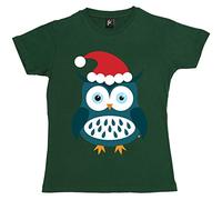 Fancy A Snuggle Blue Big Eye Christmas Owl Wearing Santa Hat Womens Boyfriend Fit T-Shirt Bottle Green Small