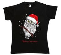 Fancy A Snuggle Christmas Owl Wearing Santa Hat Sat in Tree Snowing Womens Boyfriend Fit T-Shirt Black M