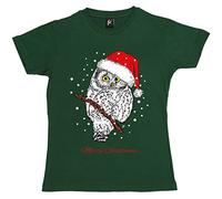 Fancy A Snuggle Christmas Owl Wearing Santa Hat Sat in Tree Snowing Womens Boyfriend Fit T-Shirt Bottle Green XL