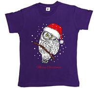 Fancy A Snuggle Christmas Owl Wearing Santa Hat Sat in Tree Snowing Womens Boyfriend Fit T-Shirt Purple XL