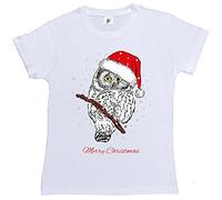 Fancy A Snuggle Christmas Owl Wearing Santa Hat Sat in Tree Snowing Womens Boyfriend Fit T-Shirt White M