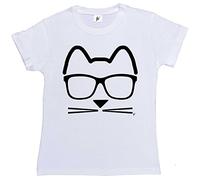 Fancy A Snuggle Funky Hipster Cat Wearing Glasses with Whiskers Womens Boyfriend Fit T-Shirt White Medium