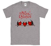 Fancy A Snuggle Merry Christmas 3 Red Robins Sat On A Branch Mens T-Shirt Heather Grey X-Large