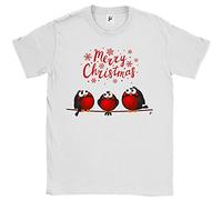 Fancy A Snuggle Merry Christmas 3 Red Robins Sat On A Branch Mens T-Shirt White Medium