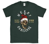 Fancy A Snuggle Merry Christmas Skull Mens T-Shirt Ho Santa Hat Wearing - Forest Green, Large