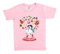 Fancy A Snuggle Merry Christmas Snowman Jumping for Joy Sack of Gifts Xmas Tree Holly Kids Boys/Girls T-Shirt Baby Pink 9-11 Year Old