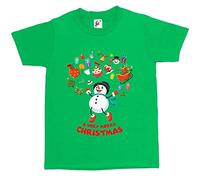 Fancy A Snuggle Merry Christmas Snowman Jumping for Joy Sack of Gifts Xmas Tree Holly Kids Boys/Girls T-Shirt Green 9-11 Year Old