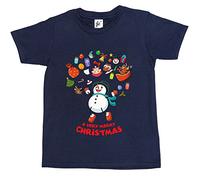 Fancy A Snuggle Merry Christmas Snowman Jumping for Joy Sack of Gifts Xmas Tree Holly Kids Boys/Girls T-Shirt Navy Blue 9-11 Year Old