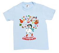 Fancy A Snuggle Merry Christmas Snowman Jumping for Joy Sack of Gifts Xmas Tree Holly Kids Boys/Girls T-Shirt Sky Blue 5-6 Year Old