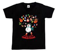 Fancy A Snuggle Merry Christmas Snowman Jumping for Joy Sack of Gifts Xmas Tree Holly Kids Boys/Girls T-Shirt Black 12-14 Year Old