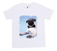 Fancy A Snuggle Pug Dog Sitting with Bow Tie On Kids Boy Girl Cotton Short White Sleeve T-Shirt - Size 9-11 Years