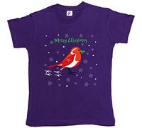 Fancy A Snuggle Red Crested Robin in Snow Holding Holly Berries Merry Christmas Womens Boyfriend Fit T-Shirt Purple 2XL