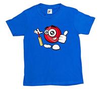 Fancy A Snuggle Sporticon Happy Cricket Ball Thumbs Up with Bat Kids Boys/Girls T-Shirt Royal Blue 9-11 Year Old