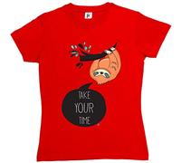 Fancy A Snuggle Take Your Time Cute Sloth Hanging Out in Tree Womens Boyfriend Fit T-Shirt Red Small