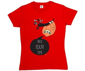 Fancy A Snuggle Take Your Time Cute Sloth Hanging Out in Tree Womens Boyfriend Fit T-Shirt Red Small