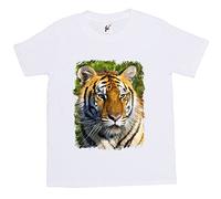 Fancy A Snuggle Tiger Face Kids Boy Girl Cotton Short White Sleeve T-Shirt - Size 7-8 Years