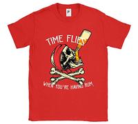 Fancy A Snuggle Time Flies When You're Having Rum Pirate Skull & Crossbones Jolly Roger Drinking Bottle of Rum Mens T-Shirt Red XXX-Large